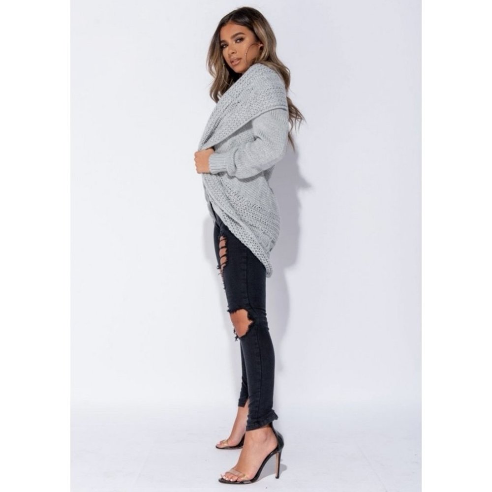 Grey Chunky Cable Knit Long Sleeve Shawl Collar Open Front Midi Cardigan - Picture 5 of 11